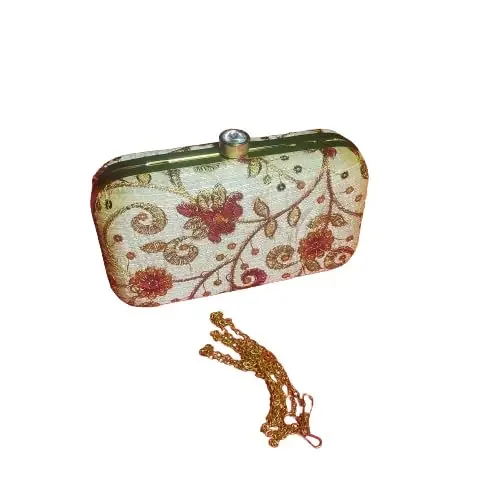 KAVYANSH CREATIONS Handicraft Hand Embroidered Box Clutch Women‘s & Girl‘s Purse For Bridal, Casual, Party, Wedding, Golden