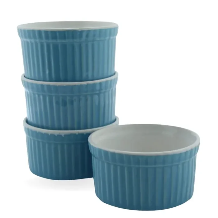KHURJA POTTERY 150ml Microwave Convection & Dishwasher Safe Blue Ramekin Bowls for Baking and Serving Cupcake Souffle and Desserts (4)