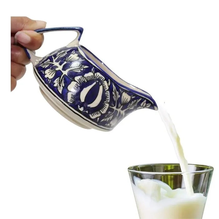 KHURJA POTTERY 175ml Ceramic Sauce Boat Creamer or Milk Pot; Microwave and Dishwasher Safe Handmade Blue Mughal Floral Print