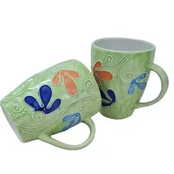 KHURJA POTTERY 240ml Handmade & Handpainted Floral Ceramic Coffee Mug Microwave Oven & Dishwasher Safe Set of 2 Cup Perfect for Milk Tea Mug Cake (Coral Blue)