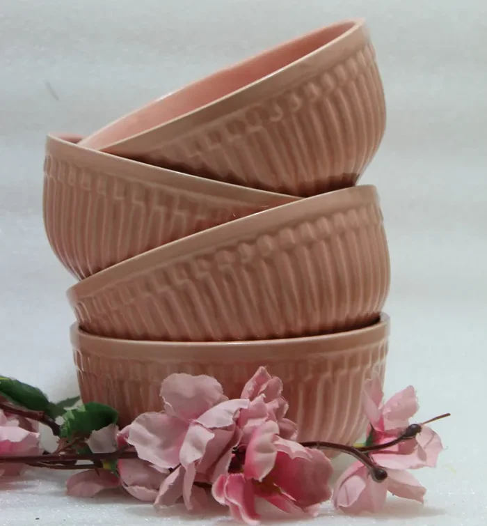 KHURJA POTTERY 450ml Microwave Oven OTG and Dishwasher Safe Multipurpose Ceramic Bowl (Pink Striped – 4 Bowls)