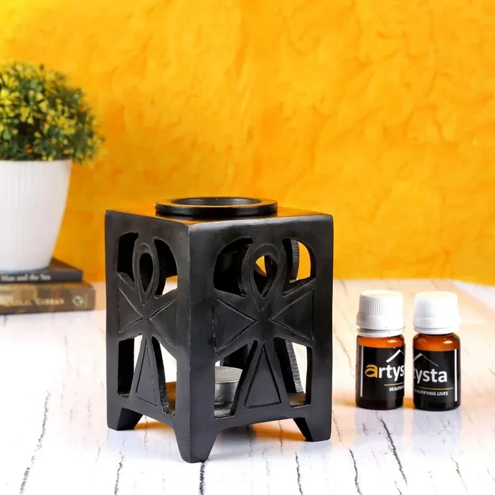 KHURJA POTTERY ‘Black Beauty‘ Soapstone Aroma Diffuser for Home Aroma Oil Burner Fragrance Aroma Diffuser with Two Essential Oils (Black 3.5″ (L) 3.5″ (W) 4.1″ (H) Inch)