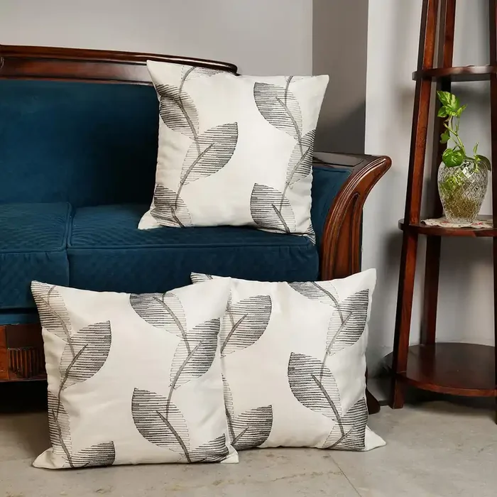 KHURJA POTTERY ‘Black Leaves‘ Set of 5 Printed Organza Cushion Cover Decorative Throw Hand Made White Cushion Cases (16 x 16 Inch 40 cm x 40 cm)
