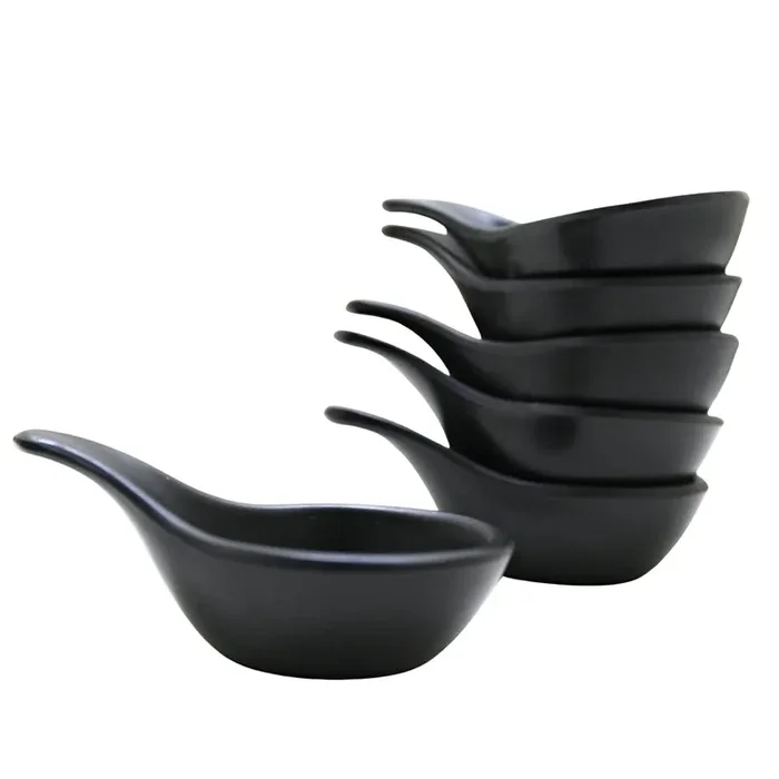 KHURJA POTTERY Black Melamine Spoon Shaped 20 ml Dip Sauce Bowls for Dessert Sauce Chutneys and Pickles with Snack