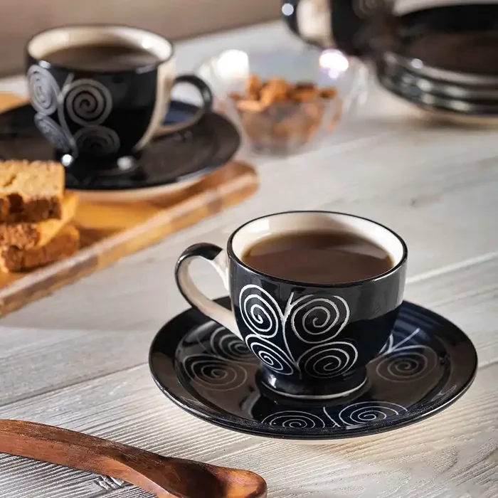 KHURJA POTTERY Black Spiral Ceramic Hand Painted Cup and Saucer – Set of 12