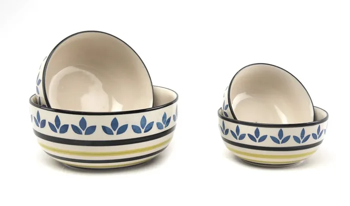 KHURJA POTTERY Blue Leaf Handpainted Serving/Snack/Mixing Bowl Set of 4 (1000 ML 750 ML 500 ML and 350 ML)