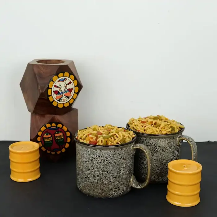 KHURJA POTTERY ‘Brown Pigmented‘ Ceramic Maggi Mugs (Set of 2 Brown & Sky Blue 900 ml) – Handglazed Pottery Exclusive Soup Rice Cereal Maggie & Noodle Ceramic Mugs