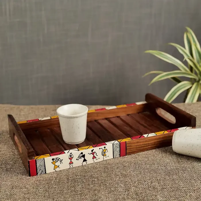 KHURJA POTTERY ‘Celebration of Life‘ Wooden Serving Tray Sheesham Wood Hand-Painted Rectangular Tray for Kitchen (12.5 X 7 Inch)