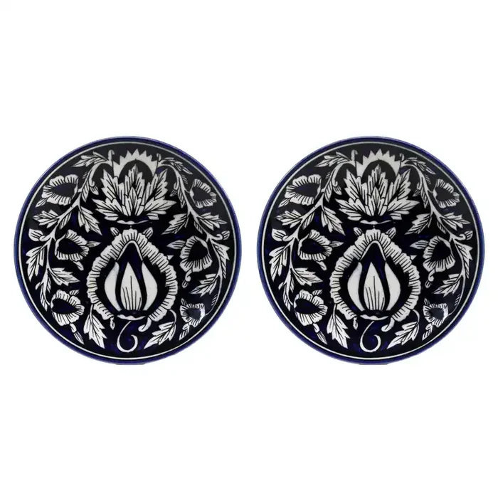KHURJA POTTERY Ceramic Dinner Serving Side Plates Thali 6.8 Inches Quarter Plates Set of 2 Mughal Hand Painted Blue