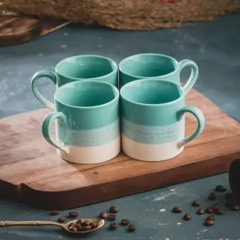 KHURJA POTTERY Ceramic Dual Glazed Glossy Tea/Coffee Mug – 4 Pieces Green 190 ml