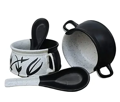 KHURJA POTTERY Ceramic Hand Painted 300ml Soup Bowls with Spoons Set of 2 (Black and White)