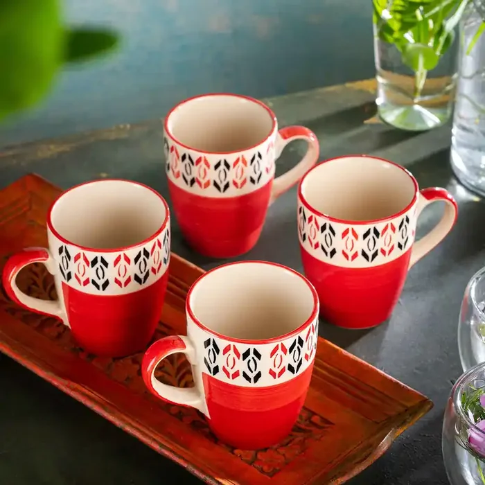 KHURJA POTTERY Ceramic Hand Painted Microwave Safe Large Tea/Coffee Mugs Set of 4 275Ml