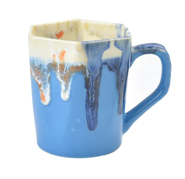 KHURJA POTTERY Ceramic Handcrafted Diamond Shape Ocean Blue Glazed Studio Pottery Tea/Coffee Mug Set of 1425 ML (Microwave & Dishwasher Safe)