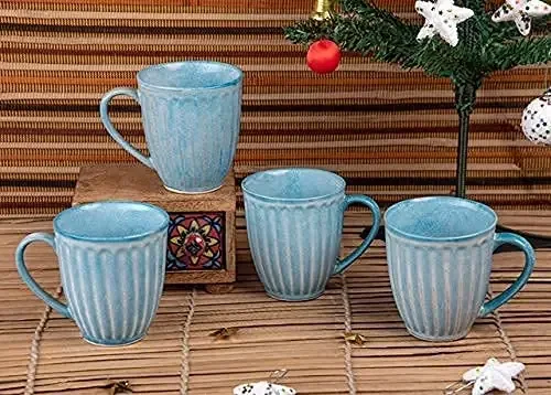 KHURJA POTTERY Ceramic Handcrafted Sky Blue Dual Glazed Studio Pottery Tea/Coffee Mug Set of 4 (350 ML Microwave & Dishwasher Safe)
