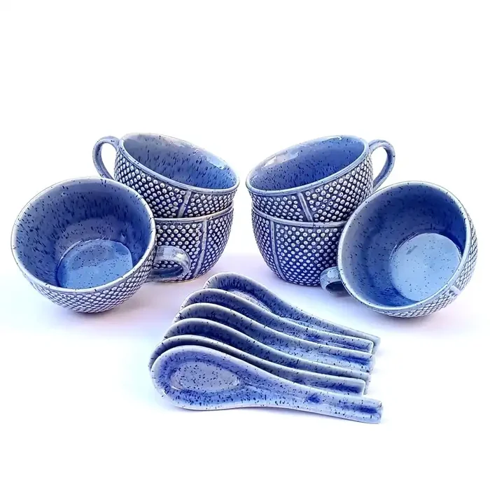 KHURJA POTTERY Ceramic Handcrafted Soup Pudding Dinner Dessert Serving Salad Vegetable Bowls (Blue Set of 6) Microwave and Dishwasher Safe