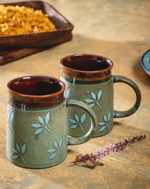 KHURJA POTTERY Ceramic Handglazed Ceramic Leaf Design Tea/Coffee Mug Set of 2 (400 ML Microwave & Dishwasher Safe)