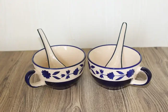 KHURJA POTTERY Ceramic Handmade Printed Soup Cup or Bowl 300 ml with Spoon (Set of 2)
