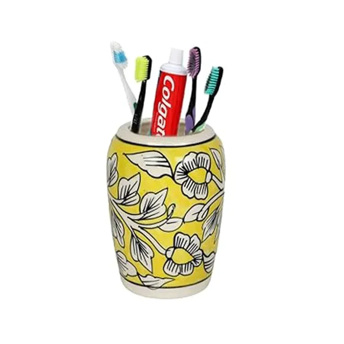 KHURJA POTTERY Ceramic Holder Bathroom Accessories Tooth Brush Tooth Paste Holder Stand for Washbasin Bathroom Decor Use for Multi Purpose Hand Painted Export Quality Made in India