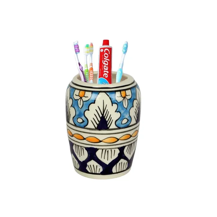 KHURJA POTTERY Ceramic Toothbrush and Toothpaste Holder Stand for Home Office Bedroom Washroom Storage Organizer Stand Perfect for Bathroom and Washbasin Sky Blue 4 Inch