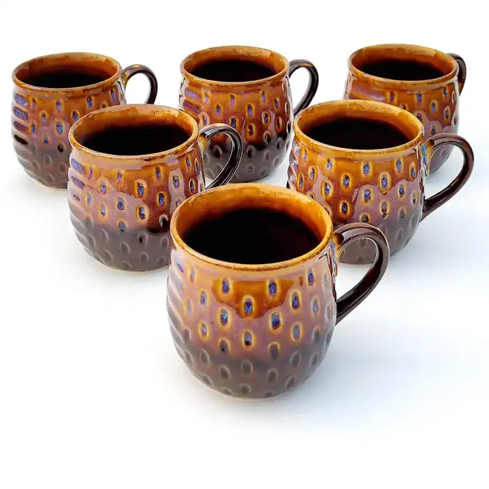 KHURJA POTTERY Coffee Tea Mugs Cups Set of 6 Studio Pottery Ceramic (Brown 220 ml Each Microwave & Dishwasher Safe) Tea Hand Glazed & Handmade Special Rare Edition Perfect for Gifting