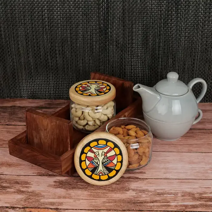 KHURJA POTTERY ‘Dancing Peacock‘ Handpainted Decorative Airtight Glass Jars and Container Set With Lid & Wooden Tray Glass Continer For Home & Kitchen (Set Of 2 300 ml)