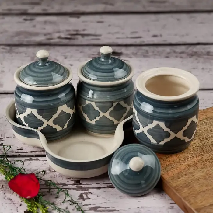 KHURJA POTTERY ‘Dark Moroccan‘ Ceramic Pickle Jars for Dining Table Studio Pottery Chutney & Pickel Container Jar with Tray (Set of 3 Grey & White 240 ML)
