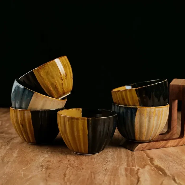 KHURJA POTTERY ‘Dual Toned Ridges‘ Microwave Safe Ceramic Dessert Bowls (Set of 6 Brown & Black 300 ML)