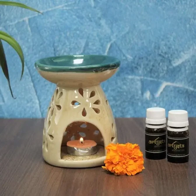 KHURJA POTTERY ‘Floral Teal‘ Ceramic Oil Burner Aroma Oil Diffuser for Home Fragrance Aroma Diffuser with Two Essential Oils (Beige 3.5″ (L) 3.5″ (W) 4.3″ (H) Inch)
