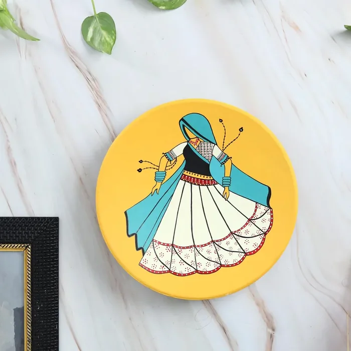 KHURJA POTTERY ‘Folk Dance‘ Handpainted Terracotta Decorative Wall Plates Decor Hanging Wall Decor Wall Plates For Living Room Home Decoration (9.5 inch Yellow)