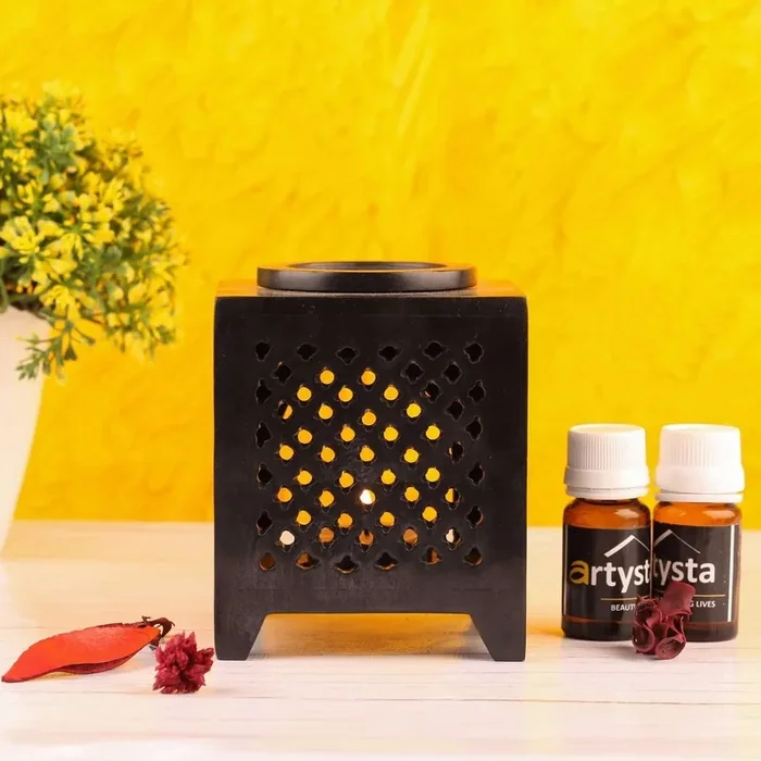 KHURJA POTTERY ‘Grey Old-Fashioned Stove‘ Soapstone Aroma Diffuser for Home Fragrance Aroma Diffuser with Two Essential Oils (Coal Grey 3.5″ (L) 3.5″ (W) 4.1″ (H) Inch)