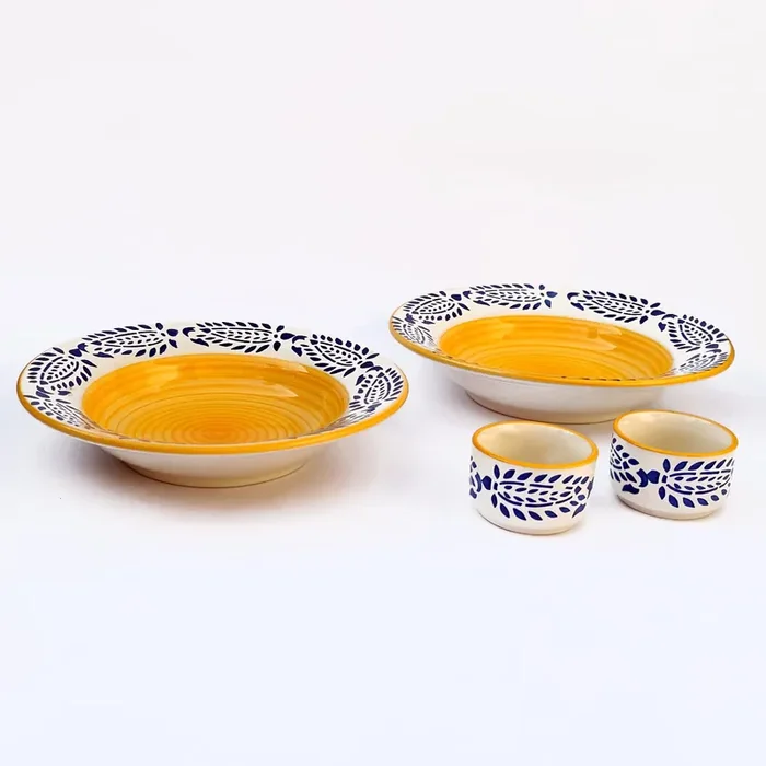 KHURJA POTTERY Hand-Painted Ceramic Deep Pasta Plates Soup Plates Maggie Plates Gravy Plates with 2 Dip Bowls (9 inch Yellow – Blue) Microwave & Dishwasher Safe