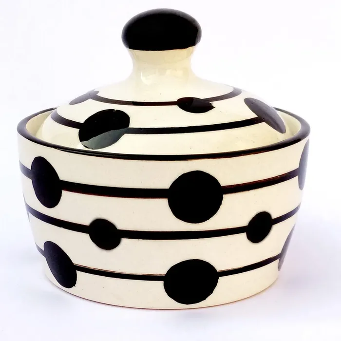 KHURJA POTTERY Handcrafted & Hand-Painted Floral Ceramic Butter Pot Dish with Lid (White Black) Chutney Jar Pickle Pot Jam Jar