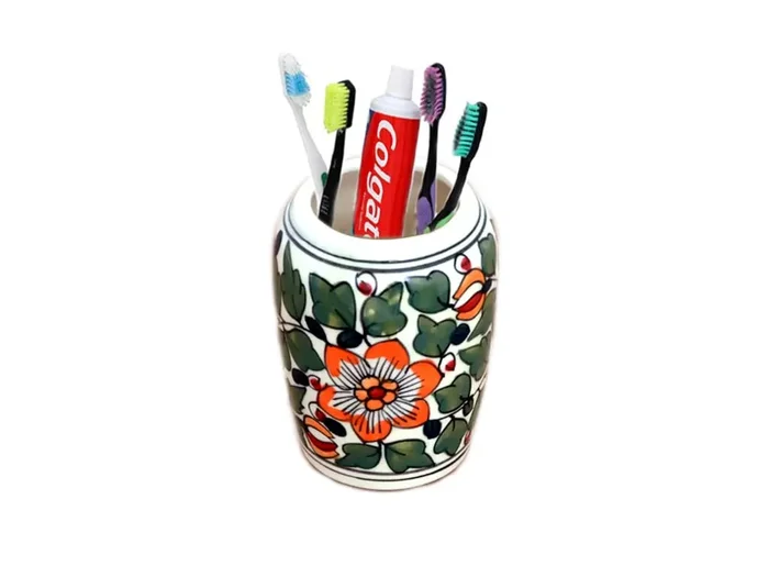 KHURJA POTTERY Handmade Ceramic Toothbrush Holder/Toothpaste Holder Stand (Green)