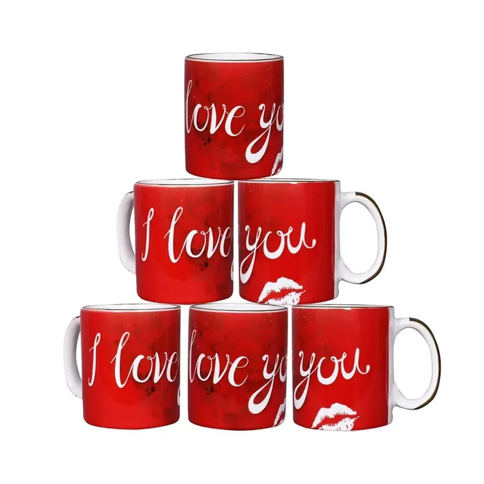 KHURJA POTTERY I Love You Print Ceramic Tea Cup for Home Kitchen Microwave Safe Coffee Milk Mug for Friends Boyfriend Girlfriend Couple Best Gift (Assorted) – Set of 6