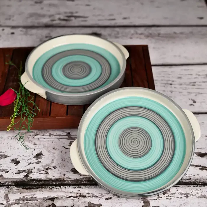 KHURJA POTTERY ‘Minty Spirals‘ Serving Platter for Snacks – Platters Pizza Serving Ceramic Platter Starter Plates Microwave Safe (Set of 2 Light Grey & Mint Green)