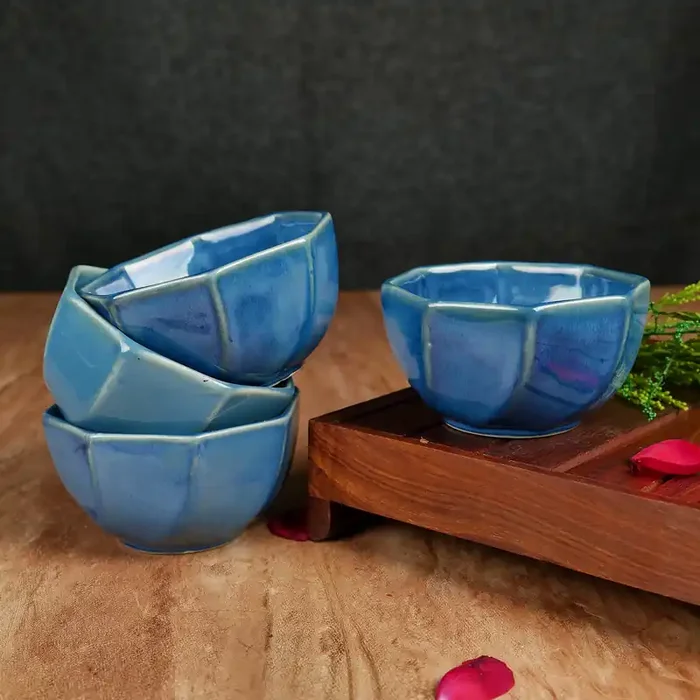 KHURJA POTTERY ‘Octad Blue‘ Ceramic Bowls Set of 4 Dinnerware Serving Bowl for Kitchen Microwave & Dishwasher Safe Dinner Bowls 220ml Blue