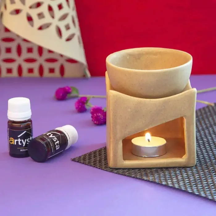 KHURJA POTTERY ‘Old-Fashioned Stove‘ Ceramic Aroma Diffuser for Home Aroma Oil Burner Fragrance Aroma Diffuser with Two Essential Oils (Cream 3.5″ (L) 3.5″ (W) 4.3″ (H) Inch)