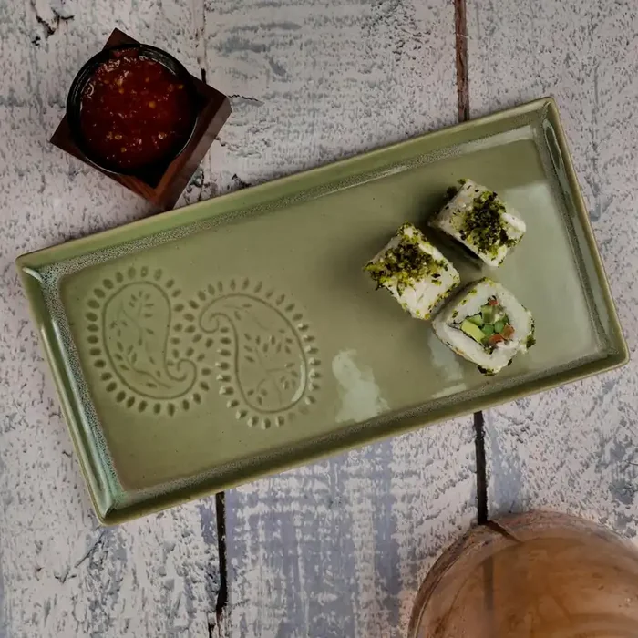 KHURJA POTTERY ‘Paisley Rectangle‘ Green Ceramic Platter for Serving Platter Plate for Snacks Starters for Home Office Apetizer Tray for Hotel & Restaurnats