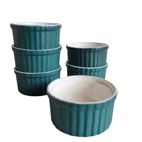 KHURJA POTTERY Peacock green And White Ceramic Ramakins Bowl 100 ml Set of 6 for Baking and Serving Cup-cake Souffle Pudding