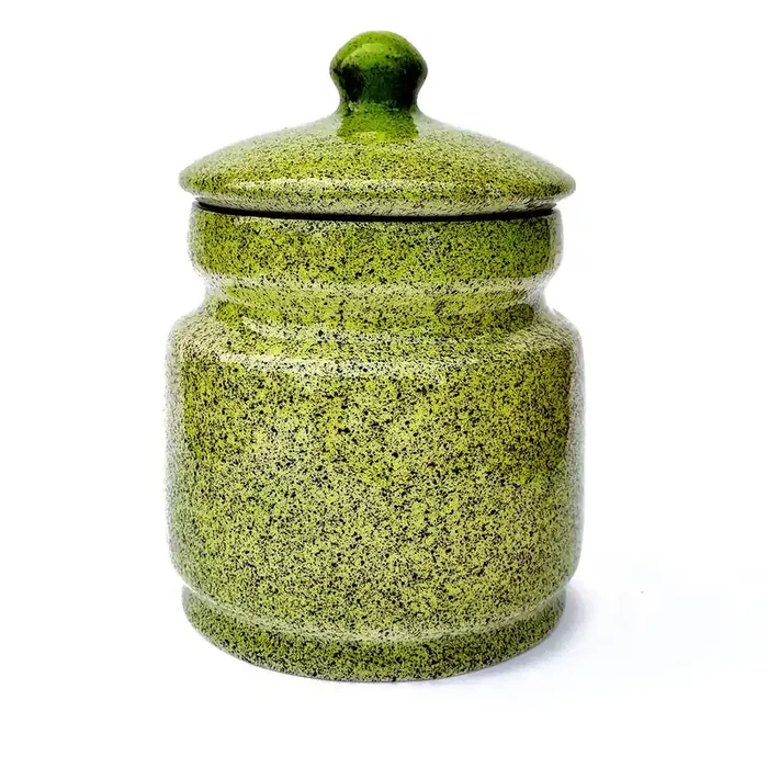 KHURJA POTTERY Pickle Jar Storage Burni Masala Container Aachar Chutney Serving Barni Canister Ceramic Handpainted Jar (Green – Black 1250ml) Dishwasher Safe