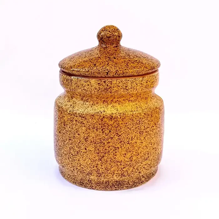 KHURJA POTTERY Pickle Jar Storage Burni Masala Container Aachar Chutney Serving Barni Canister Ceramic Handpainted Jar (Yellow – Black 1250ml) Dishwasher Safe