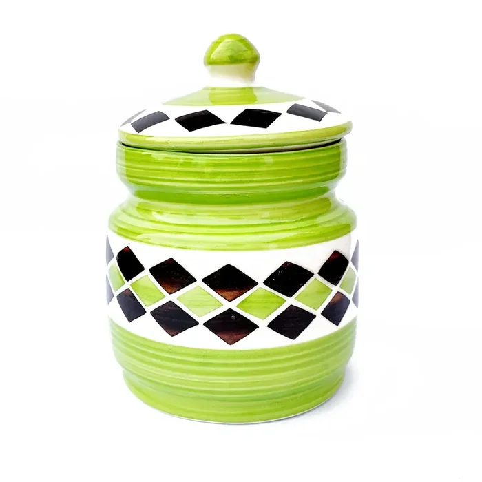 KHURJA POTTERY Pickle Jar Storage Burni Masala Container Aachar Chutney Serving Marmalade Barni Canister Ceramic Handpainted Jar (Black – Green 1250ml) Dishwasher Safe