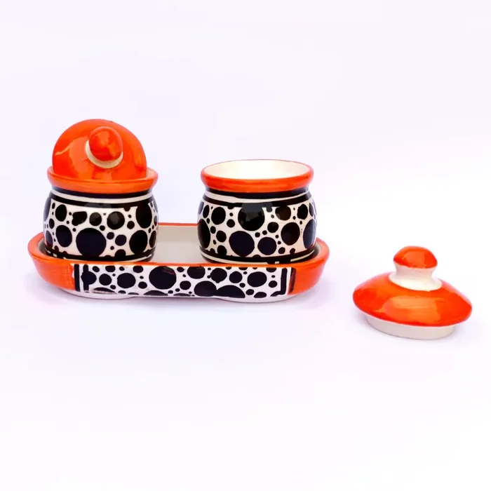 KHURJA POTTERY Pickle Jar Storage Container Chutney Serving Set with Tray(Orange Black Bubble) Condiment Set Pickle and Chutney Jar Set for Dining Table
