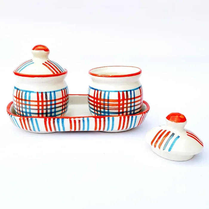 KHURJA POTTERY Pickle Jar Storage Masala Container Aachar Chutney Serving Canister Condiment Set with Tray for Dining Table (Set of 2 Blue & Orange) Microwave and Dishwasher Safe