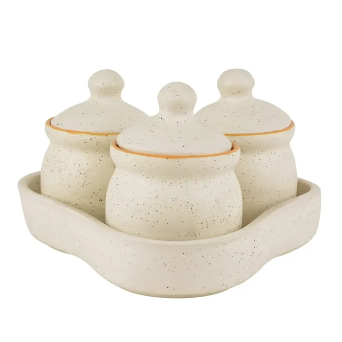 KHURJA POTTERY Pickle Jar Storage Masala Container Aachar Chutney Serving Canister Condiment Set with Tray for Dining Table (Set of 3 White and Yellow) Microwave and Dishwasher Safe
