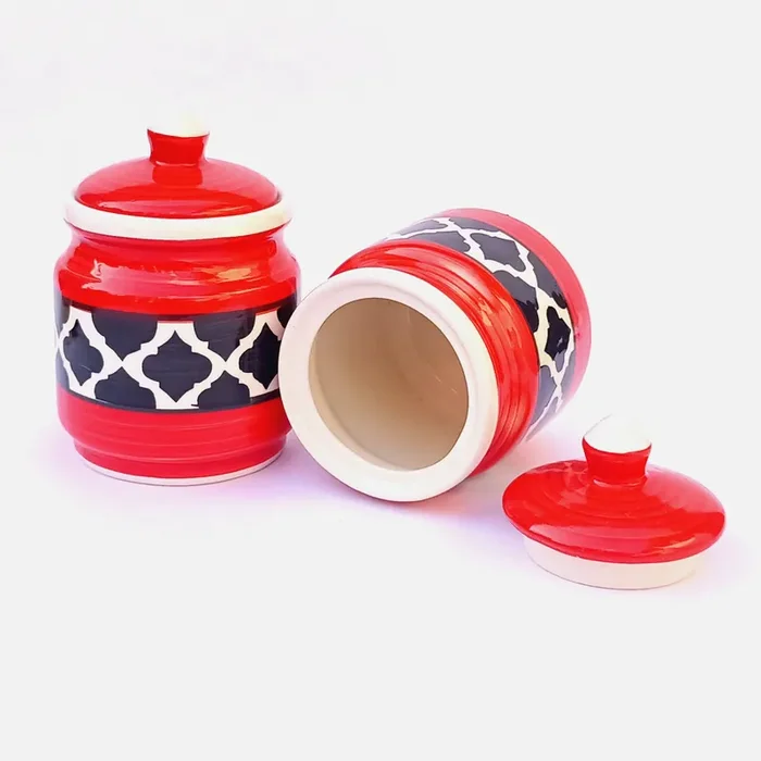 KHURJA POTTERY Pickle Storage Burni Masala Container Aachar Chutney Serving Marmalade Barni Canister Ceramic Jar Set for Dining (Red – Black 750ml each) Microwave and Dishwasher Safe