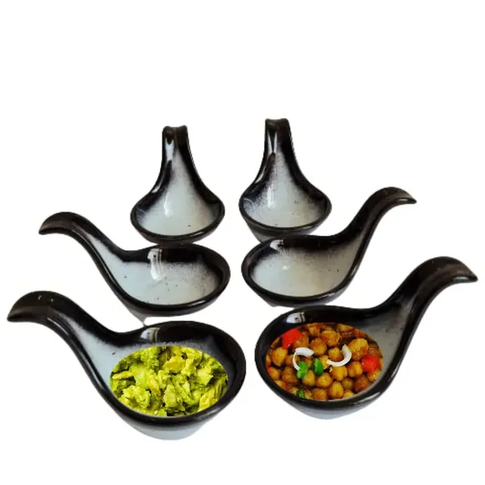 KHURJA POTTERY Porcelain Snow White 35 ml Mini Bowls Set of 6 Spoon Shaped Dip Sauce Bowl for Chutney Pickle Desert Small Single Bite Food Blue