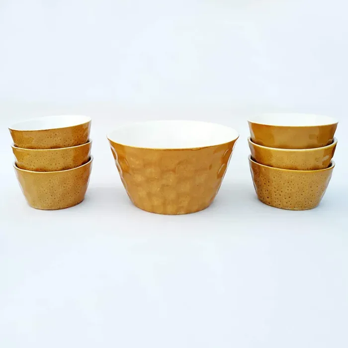 KHURJA POTTERY Pudding Soup Dinner Dining Dessert Serving Salad Vegetable Bowls Ceramic Handcrafted (Brown White Set of 7) Microwave and Dishwasher Safe