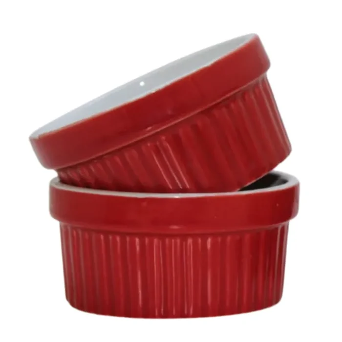 KHURJA POTTERY Red And White 80 ml Set of 2 Ceramic Ramekin Bowl Perfect for Baking and Serving