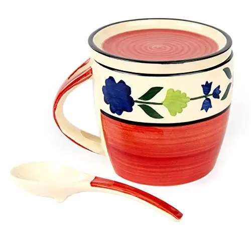KHURJA POTTERY Red Hand Painted Ceramic Coffee Mug with Coaster and Spoon 350ML